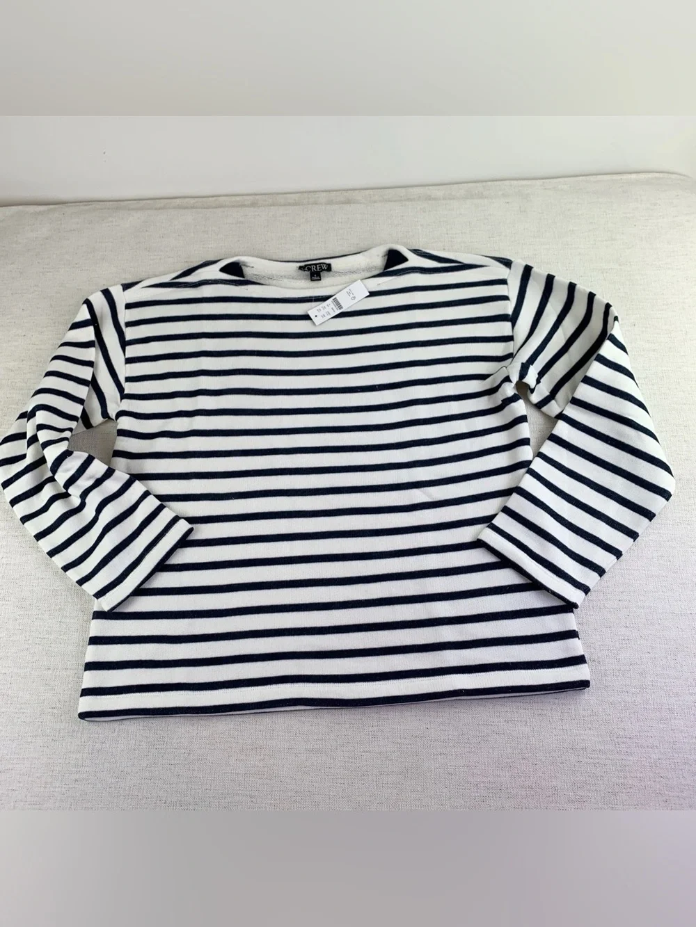 J crew women's S Heritage terry boatneck sweatshirt boat neck alegra stripe navy